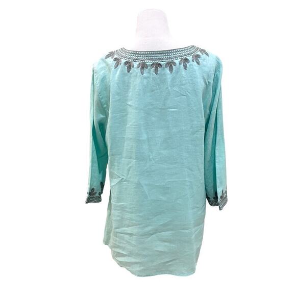 NWT Saks Fifth Avenue Women's Embroidered Tunic Top 100% Linen Mint Blue - Picture 2 of 9